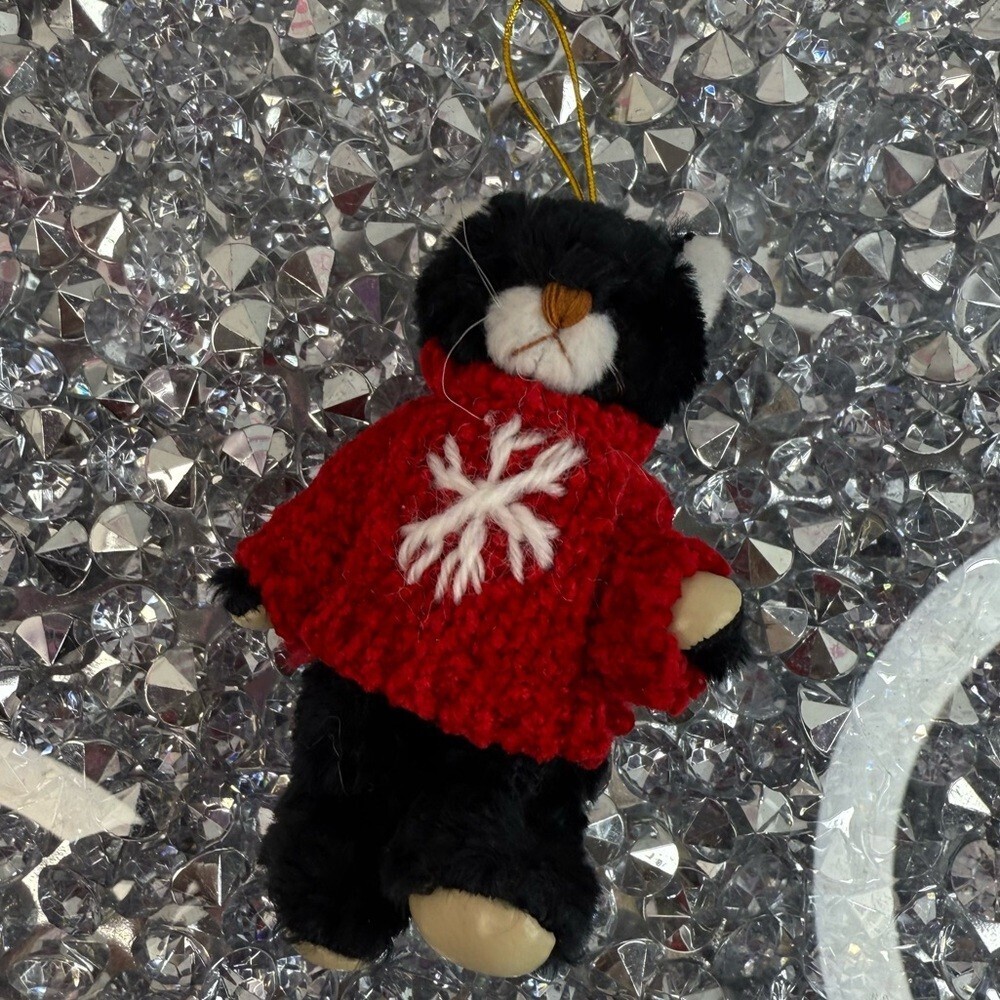 Vintage ornament plush Black Plush Cat Ornament with Red Snowflake Sweater